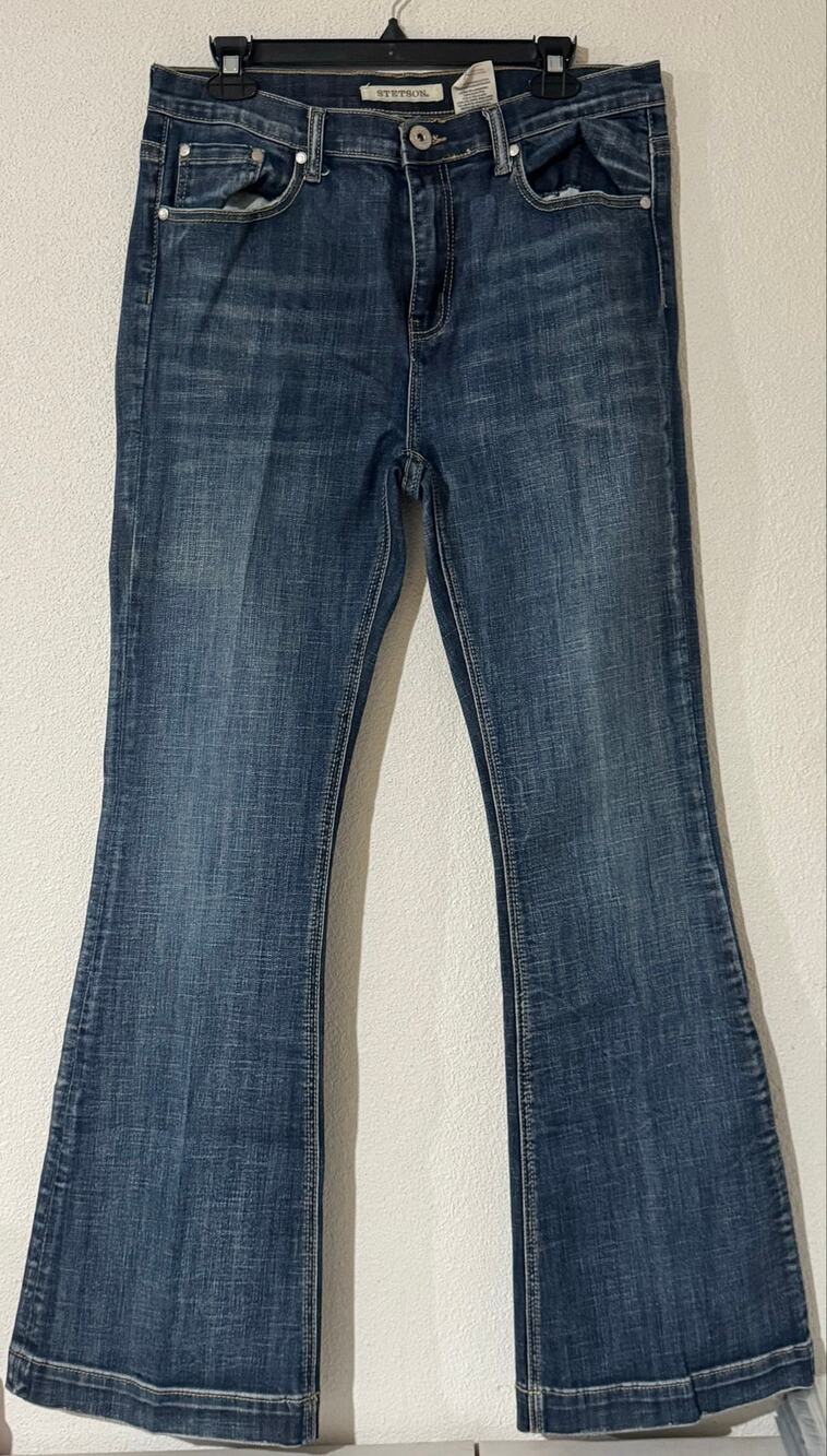 Stetson Women's 214 Fitted City Dark Wash Trouser Flare Jeans Size 14 Long Tall